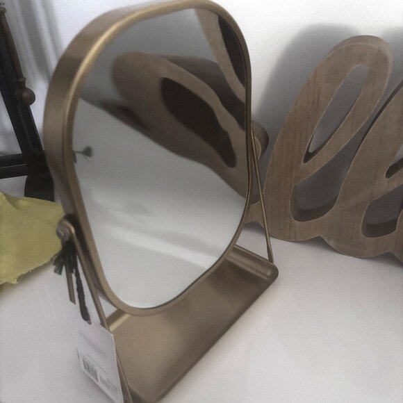 Gold Tone Vanity Flip Mirror with Tray, Swivel, 3X Magnification, Rectangular - Picture 2 of 9